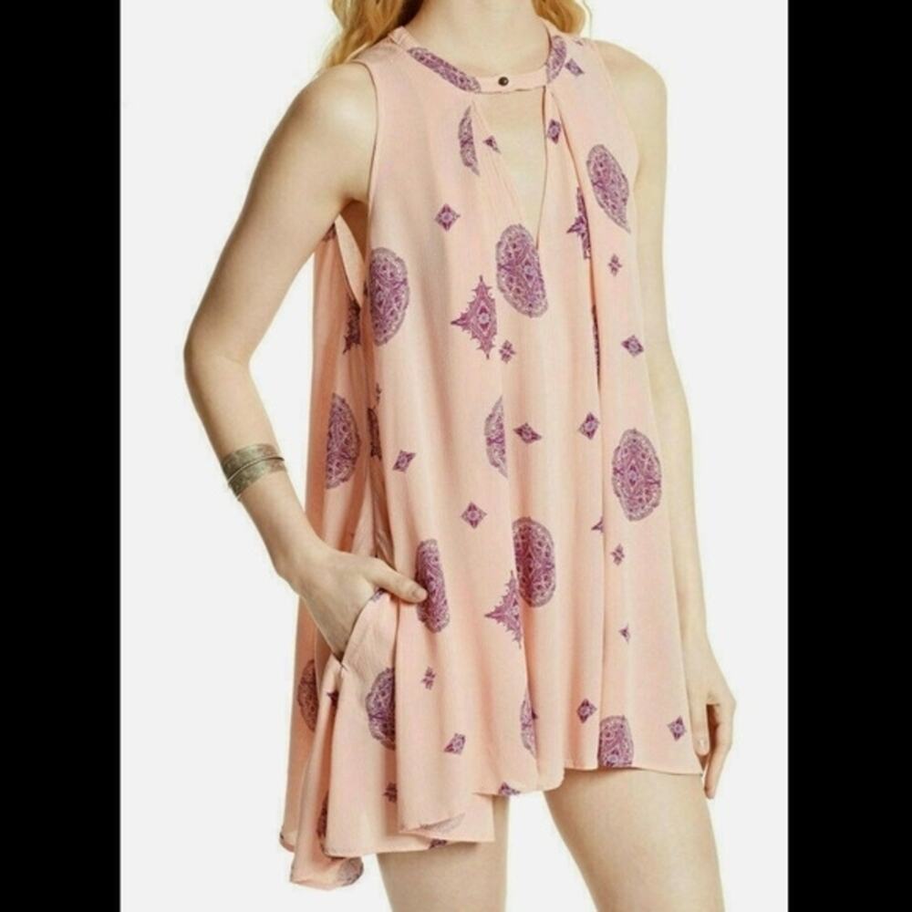 Free People Pink and Purple Patterned Tunic Mini Dress Xsmall